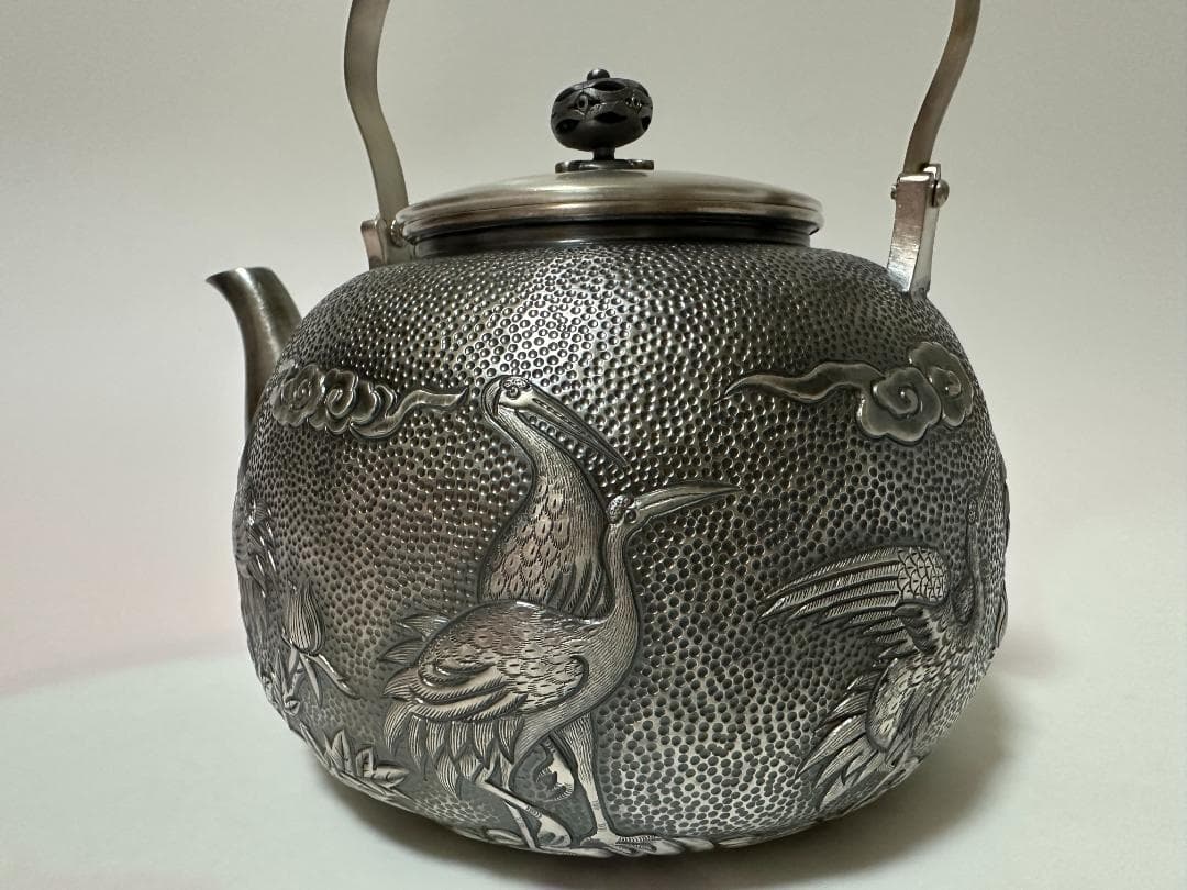 極上純銀製 仙鶴雲花文様 高工芸 湯沸 銀瓶 煎茶道具 重量1521g
