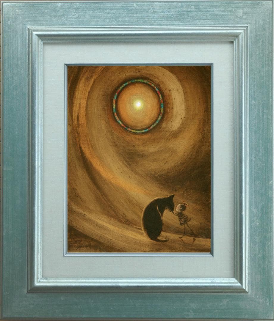 油絵菅家令子絵 絵画インテリア額付(青緑＋金色の枠)F3-072819子犬猫女子