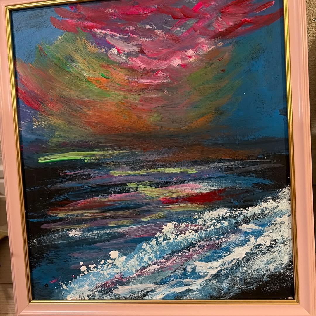 アクリル海の風景画 ピンクフレーム