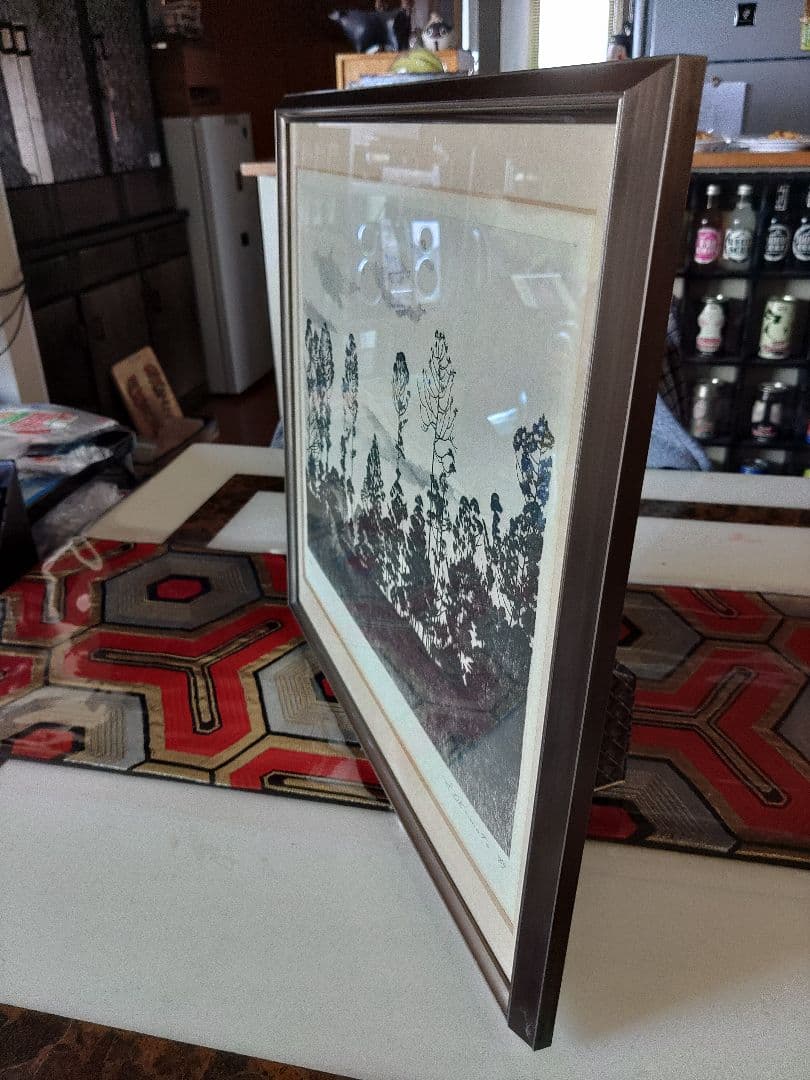 版画？　林の風景　作者S.Okamoto　サイン有り　繊細な樹木　額入り