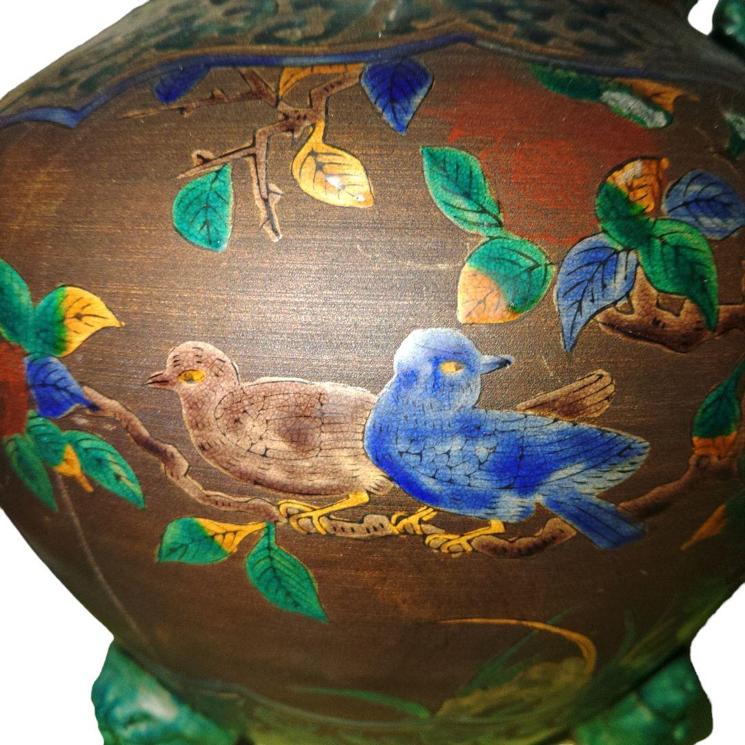 古青手九谷焼　緑釉獅子付香炉　高さ35cm