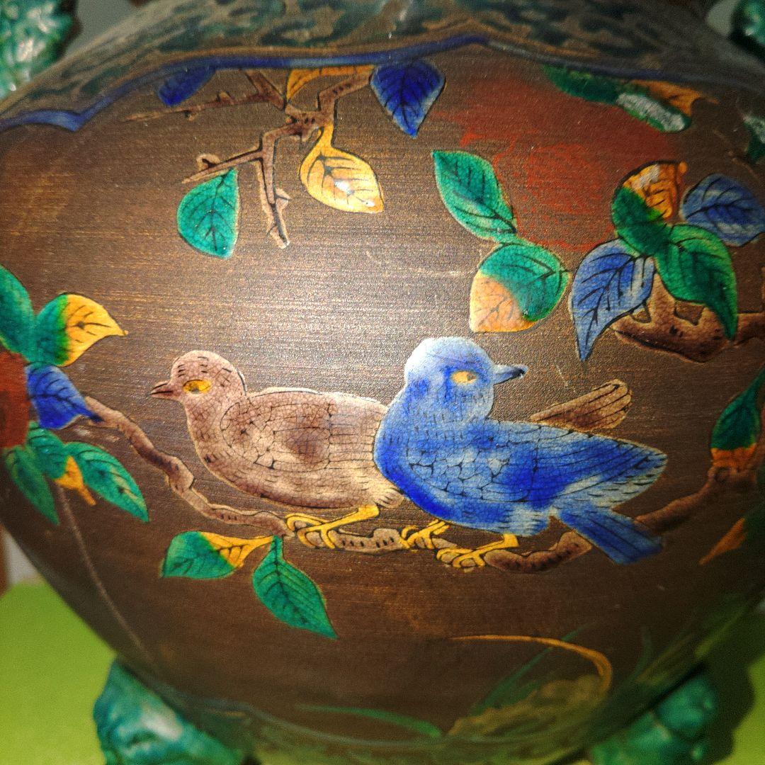 古青手九谷焼　緑釉獅子付香炉　高さ35cm