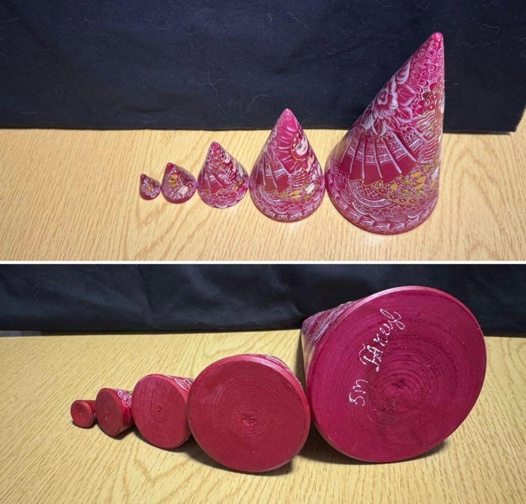 ロシア　アーティスト　えんじ色三角マトリョーシカ　5体、長期保存、現状