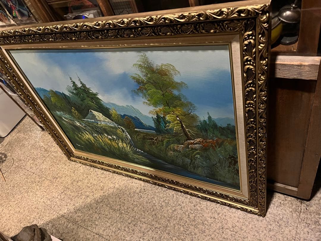 油絵、絵画、油絵額付き、大きな油絵、108センチ、キャンパス油絵、直筆油絵