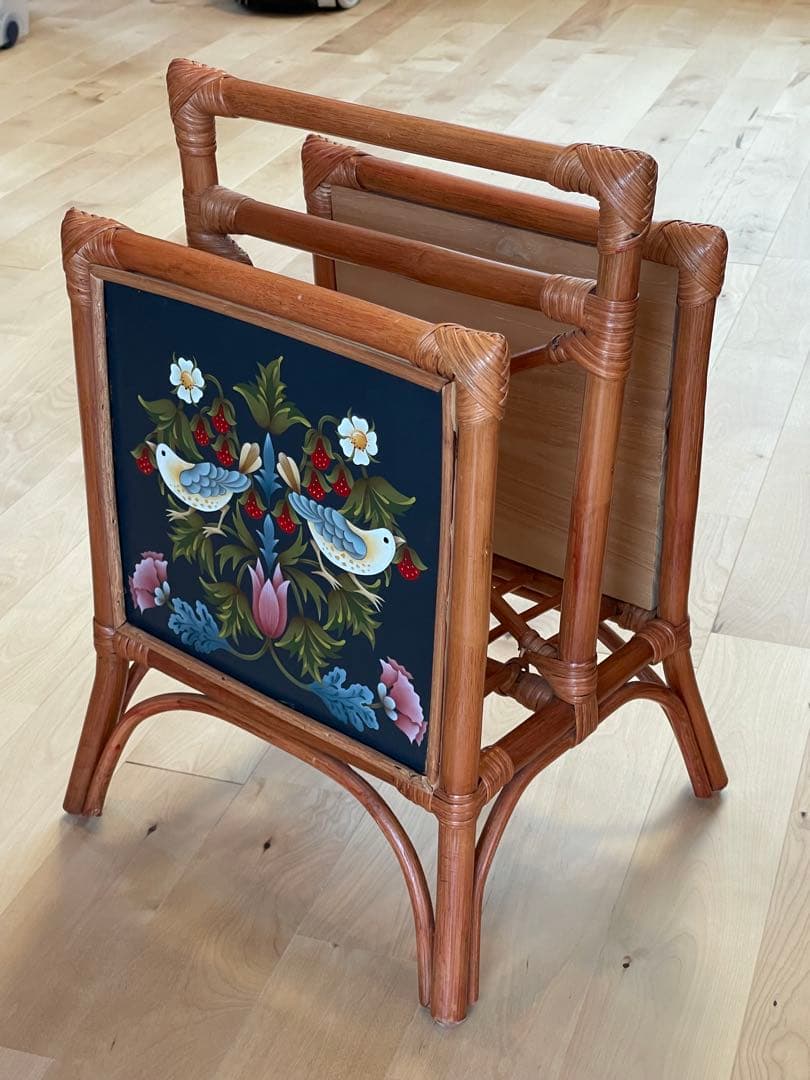 トールペイント（花と鳥）ラタン製マガジンラック
