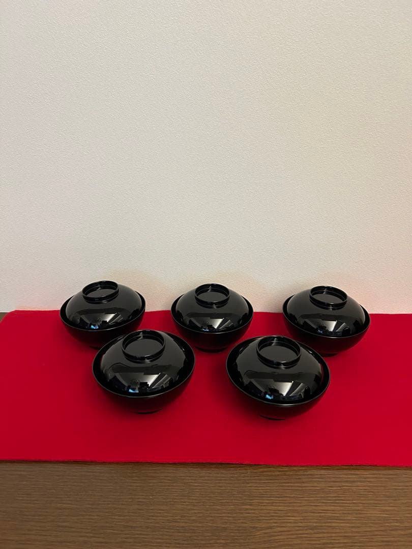 輪島塗　黒呂色蓋内銀地　紅葉蒔絵煮物椀五客