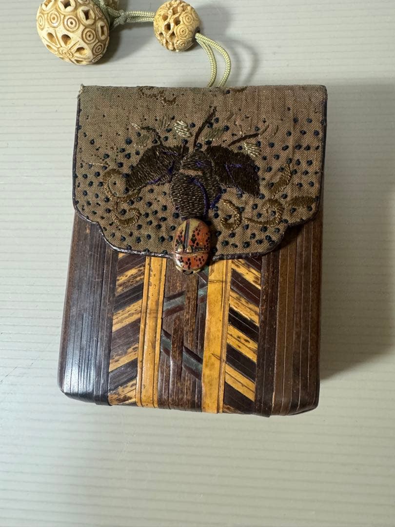 2120  骨董　竹製瓢箪根付煙草入れ　提物　提げ物　竹細工　時代物