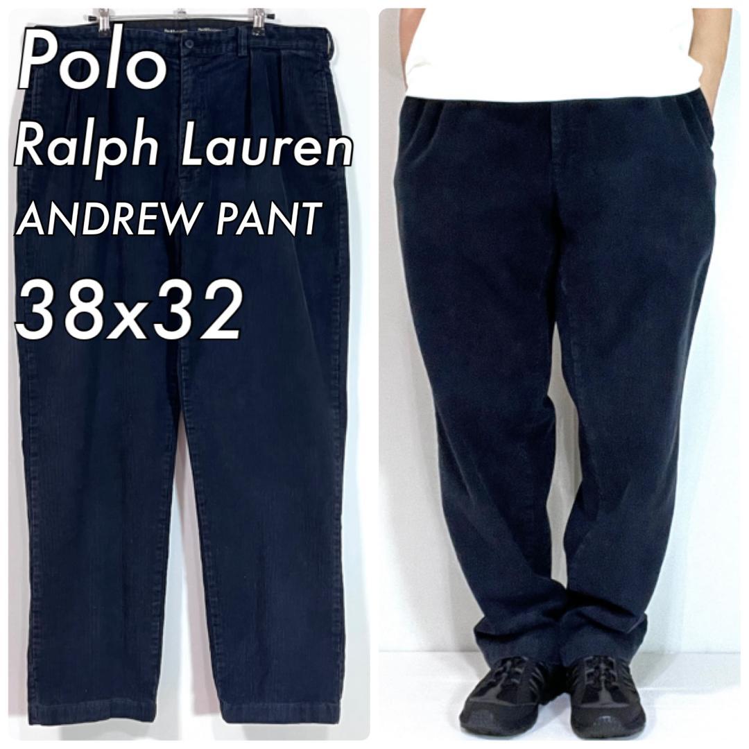 90s ポロラルフローレン 38x32 ANDREW 太畝コーデュロイパンツ 紺