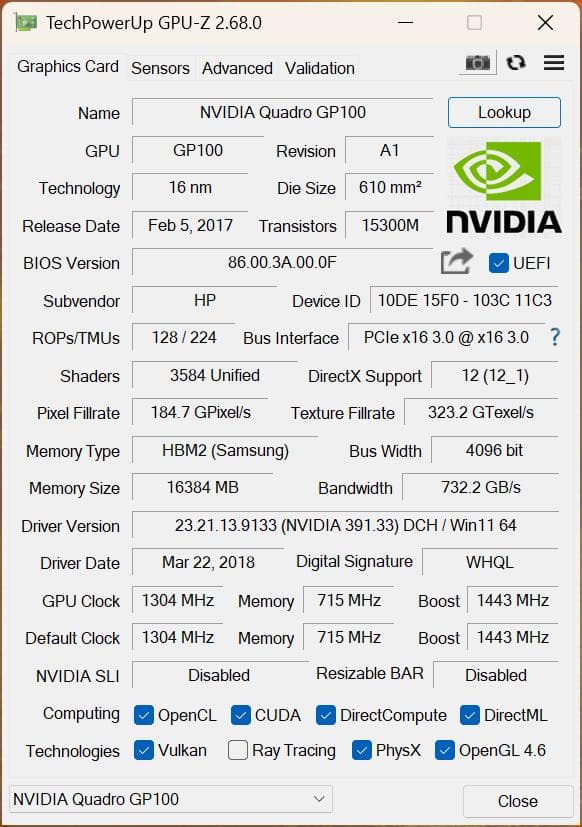 NVIDIA Quadro GP100 VRAM 16GB（超広帯域 HBM2）