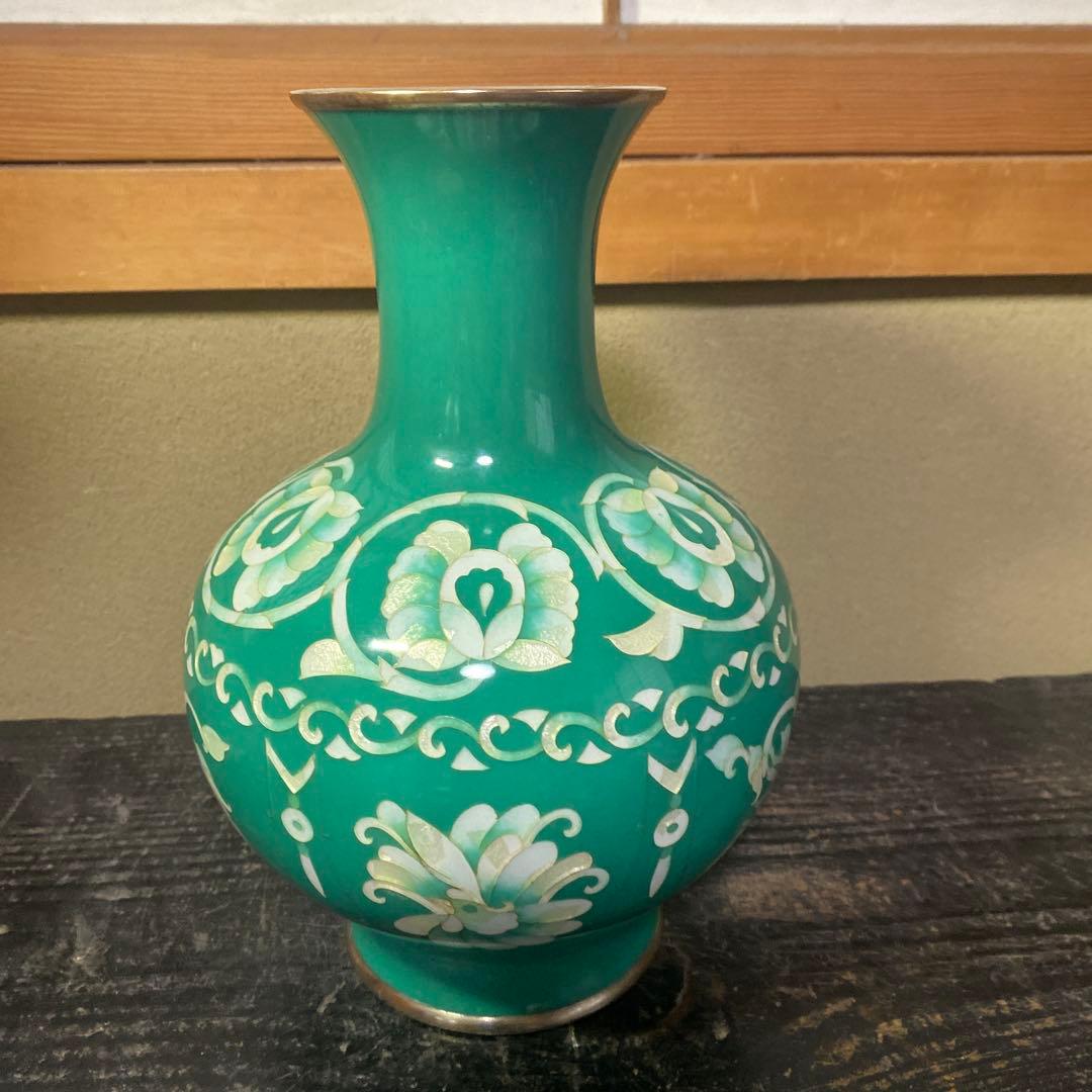 古玩　翡翠色七宝花瓶　26cm16cm