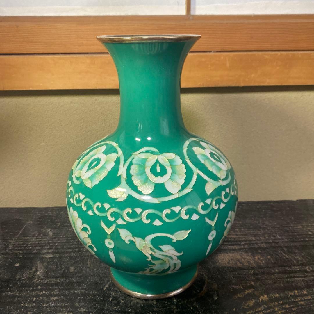 古玩　翡翠色七宝花瓶　26cm16cm