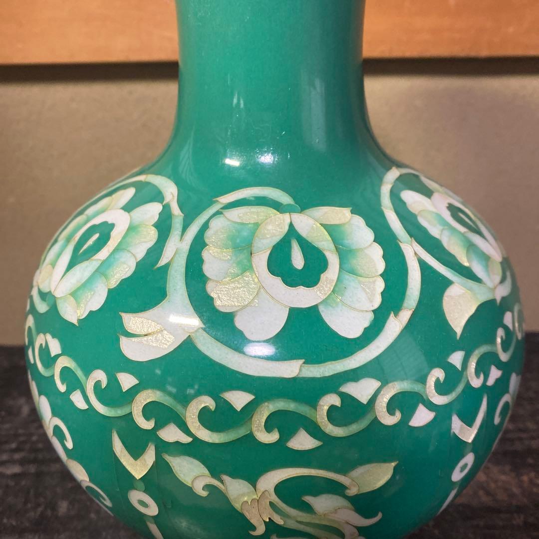 古玩　翡翠色七宝花瓶　26cm16cm