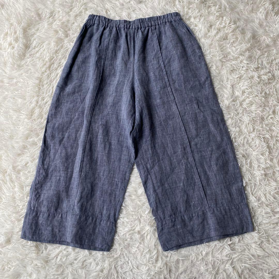 【美品】 登美 群言堂 リネンワイドパンツ サルエルパンツ ブルー FREE