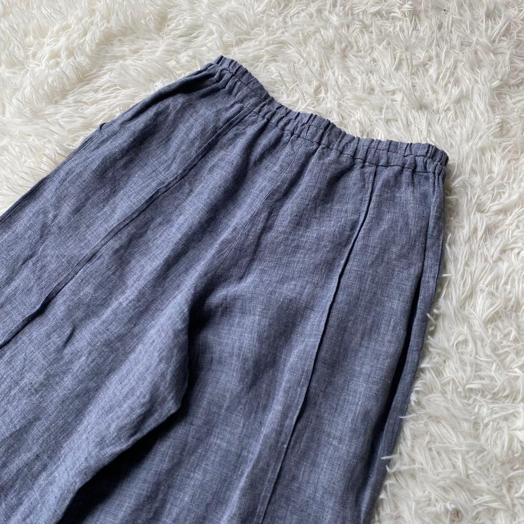 【美品】 登美 群言堂 リネンワイドパンツ サルエルパンツ ブルー FREE