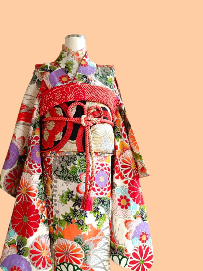 アンティークレトロポップな着物と黒地だらり帯セット