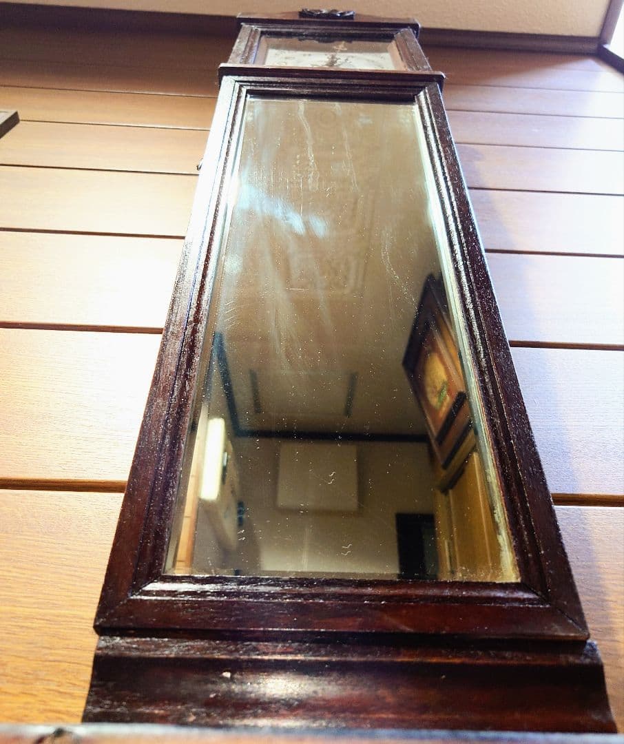 〈完動美品〉珍品　英工舎LIGHT印　鏡付き傾斜型ゼンマイ振り子掛け時計　古時計