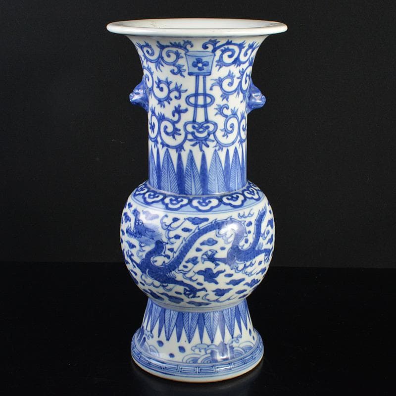 中国　大明萬暦年製款　青花　雲龍唐草文　双耳瓶　V　R7059B