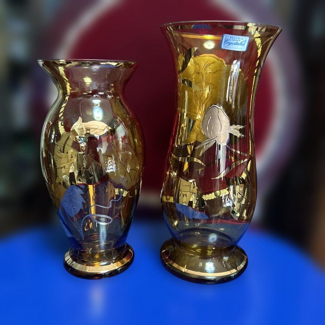 Bohemia ボヘミア花瓶　金色装飾のガラス花瓶2点　高さ26cm、23cm