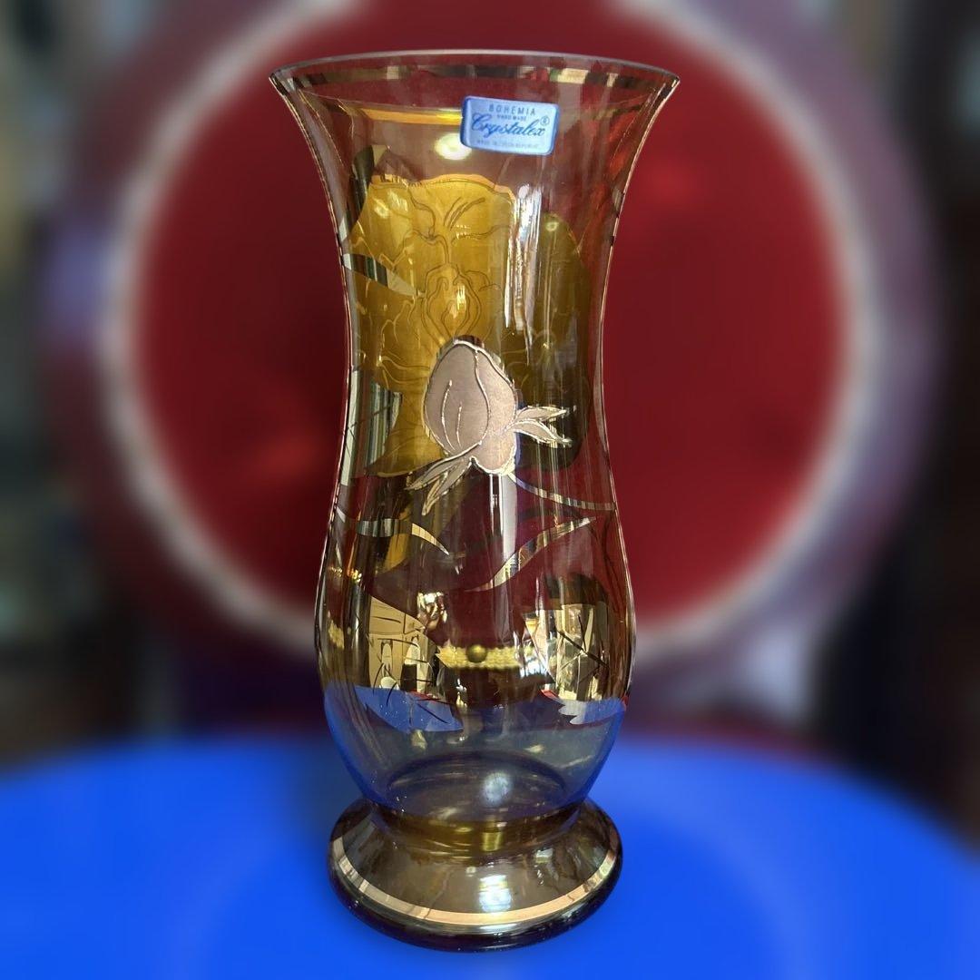 Bohemia ボヘミア花瓶　金色装飾のガラス花瓶2点　高さ26cm、23cm