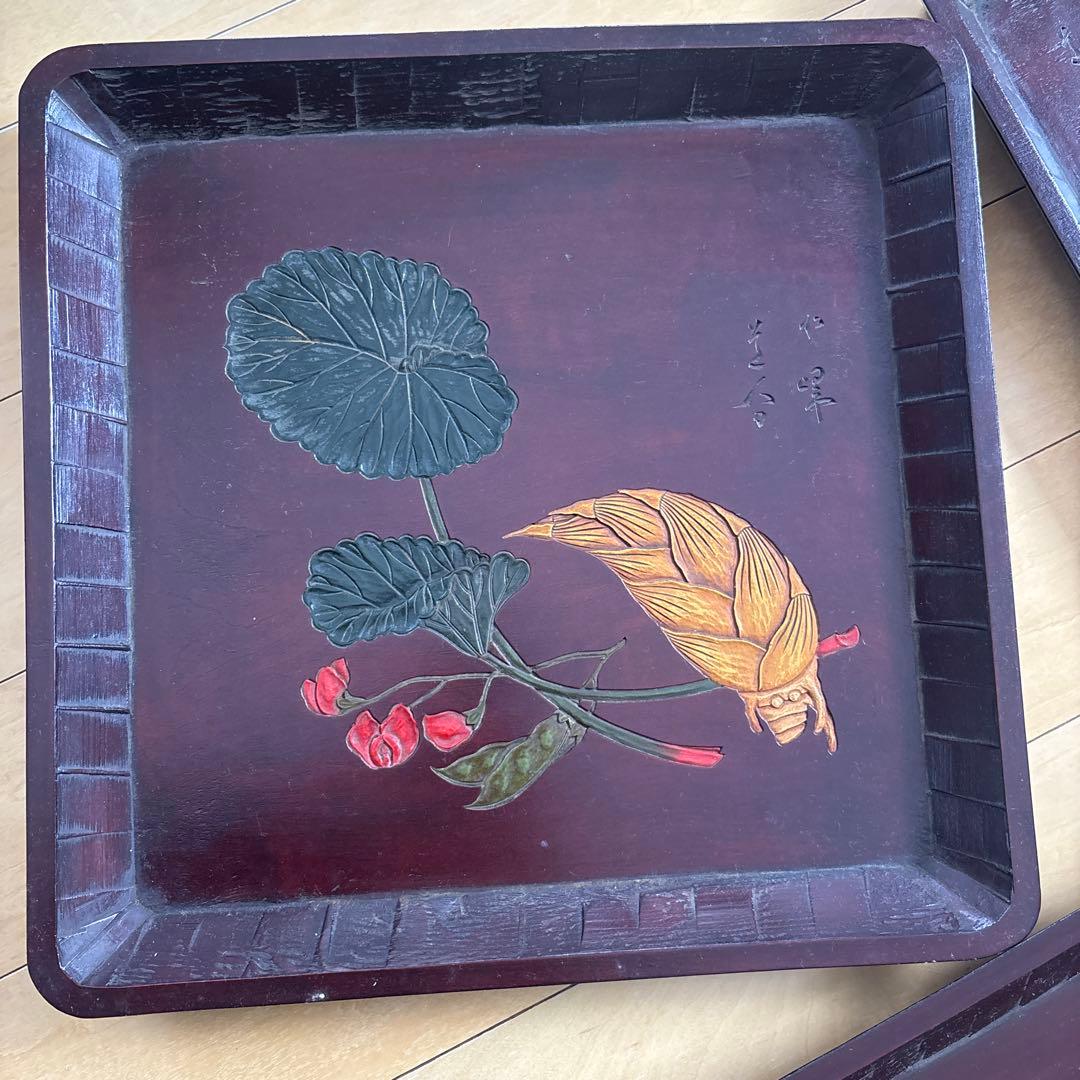 讃岐彫　四方盆　讃岐盆　5枚セット　手彫り 角盆 絵変り 讃岐木地漆