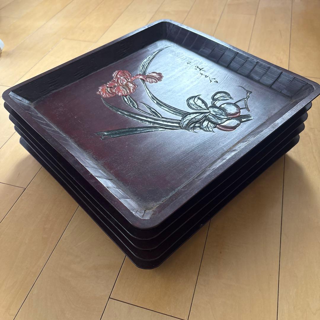 讃岐彫　四方盆　讃岐盆　5枚セット　手彫り 角盆 絵変り 讃岐木地漆