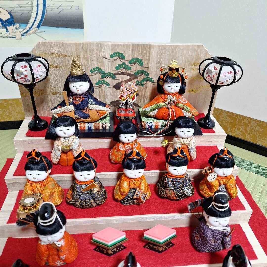 年代物木目込みお雛様、15人雛飾り、雛段新品、段飾りお雛様