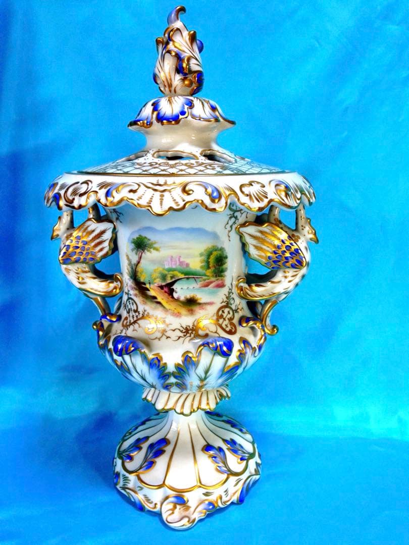 ヘレンドアンティーク☆コンポート蓋付花瓶飾物陶器H34.5金彩一点物☆美しい花柄