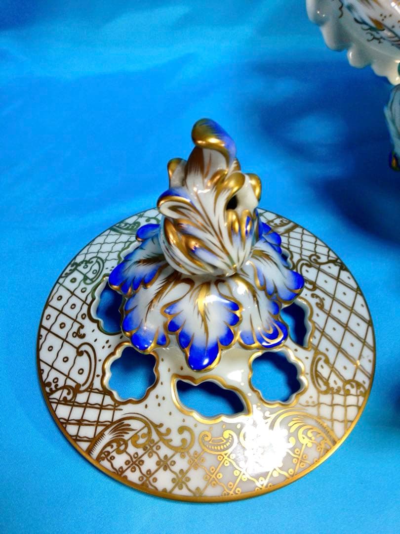 ヘレンドアンティーク☆コンポート蓋付花瓶飾物陶器H34.5金彩一点物☆美しい花柄