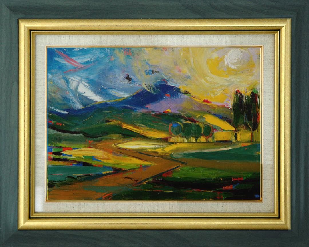 油絵 菅家令子 絵 絵画インテリア額付(青緑＋金色の枠)F4-081411風景陽