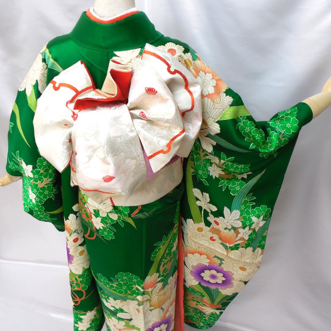 特価★ 美品　振袖フルセット　正絹　成人式　振袖　7点セット　Sサイズ　緑　花柄