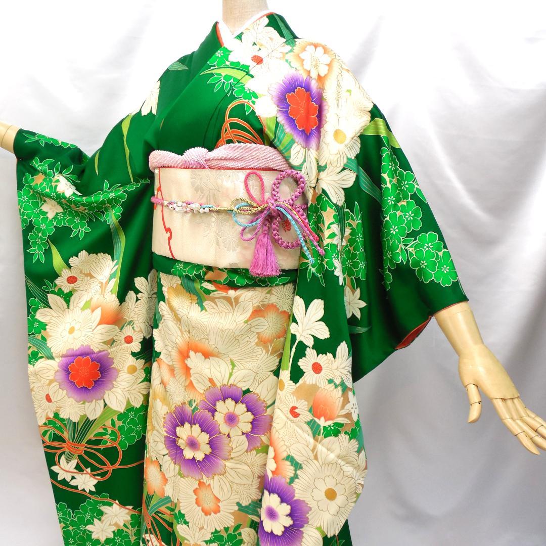 特価★ 美品　振袖フルセット　正絹　成人式　振袖　7点セット　Sサイズ　緑　花柄