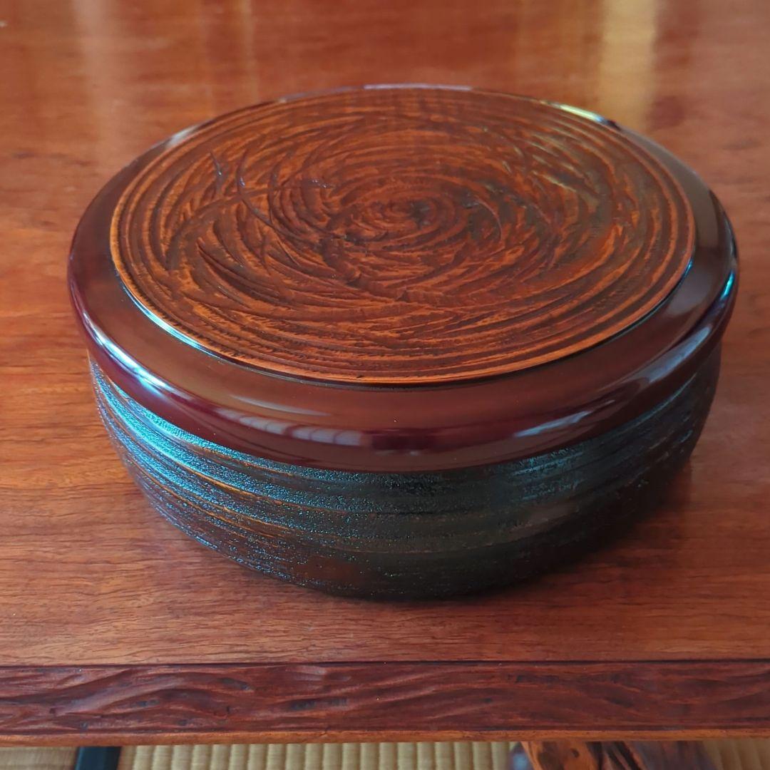 茶道具　漆器　木工細工　天然木　木製くり抜き茶櫃（上蓋独楽塗盆）茶器入れ　大寸