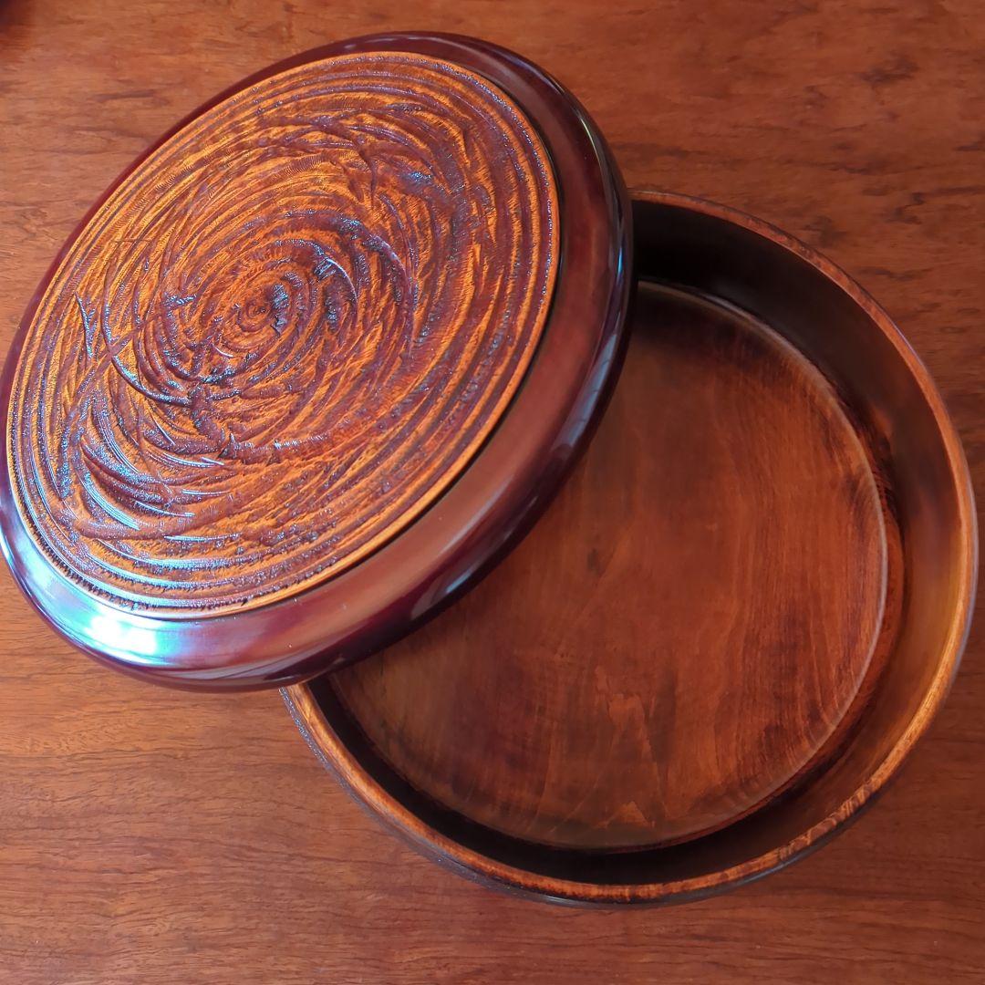 茶道具　漆器　木工細工　天然木　木製くり抜き茶櫃（上蓋独楽塗盆）茶器入れ　大寸