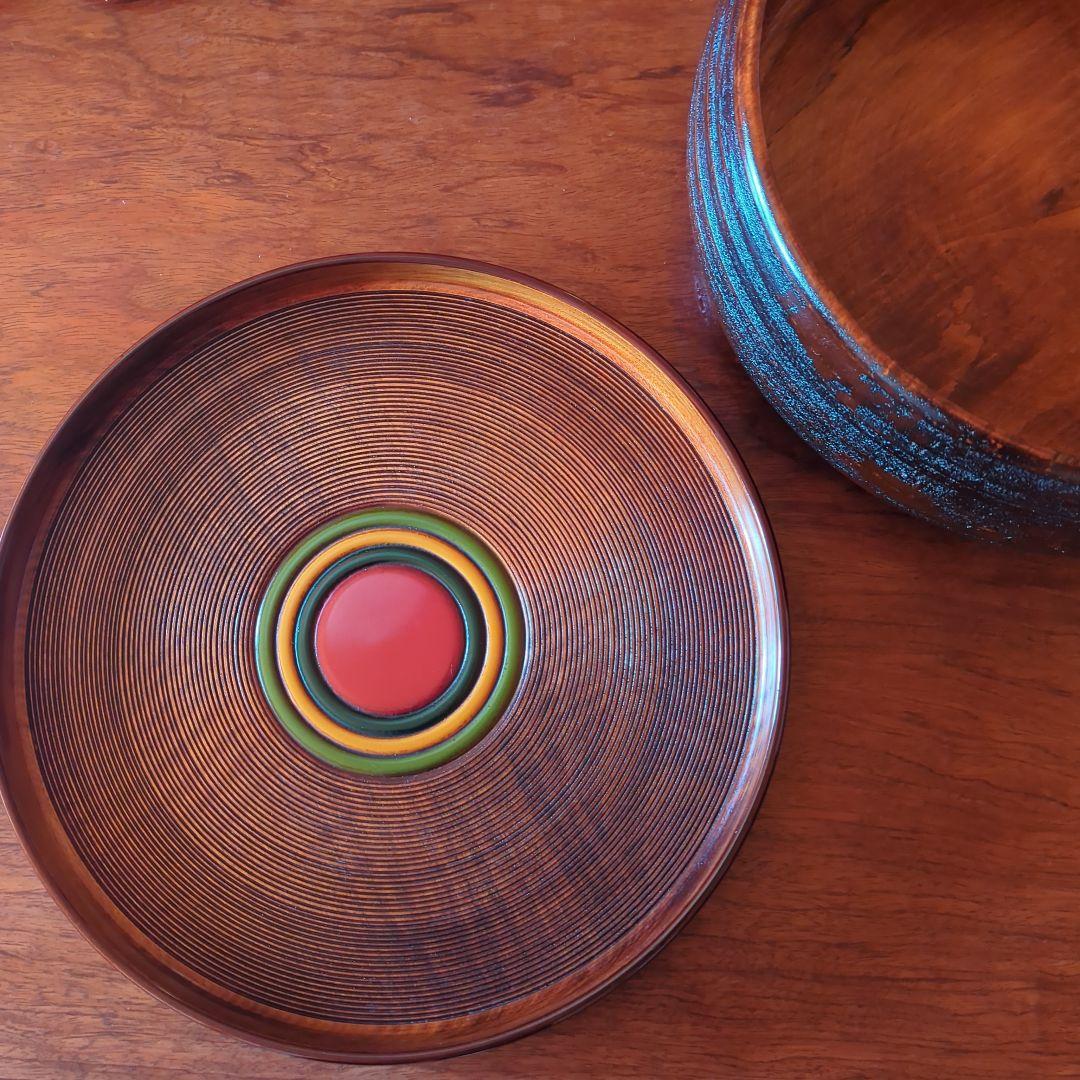 茶道具　漆器　木工細工　天然木　木製くり抜き茶櫃（上蓋独楽塗盆）茶器入れ　大寸