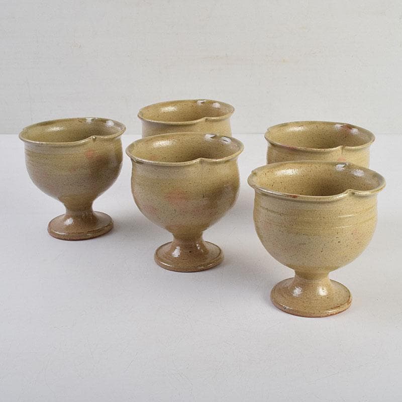 和食器　虫明焼　松本学作　足付向付　五客　共箱　V R9384H