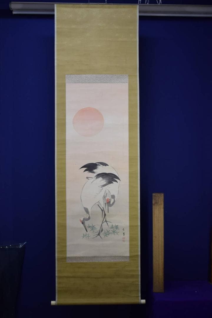 真作/雪蓬/旭日双鶴図/布袋屋掛軸HF-835