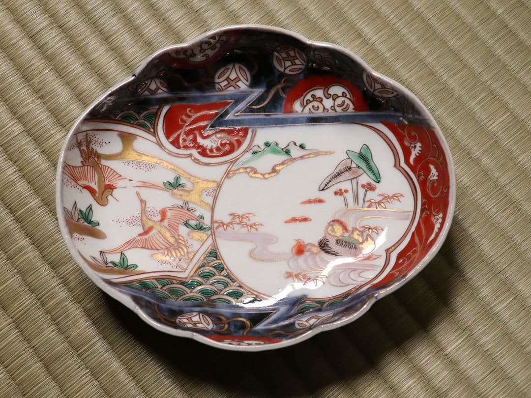 古伊万里 鳥の図 色絵 刺身皿 変形皿 五客 錦手 鴛鴦 鶴 瓢箪 CL96