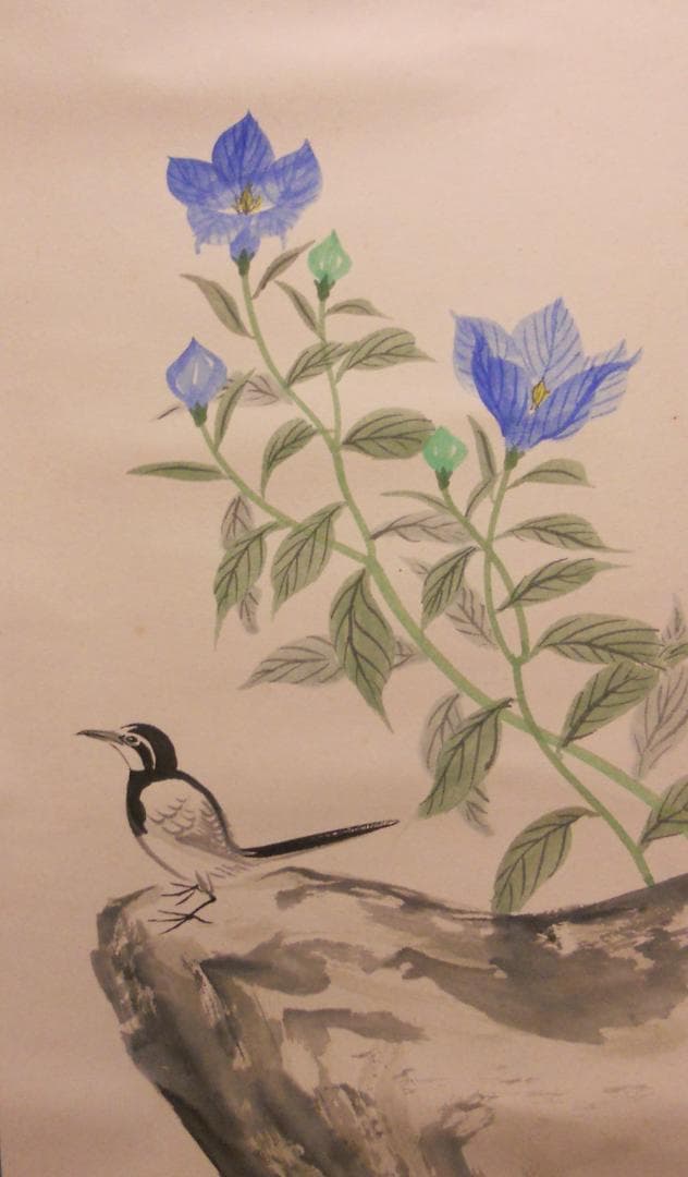 掛け軸 高田九伯 『 桔梗小禽図 』 紙本 希少 軸装 茶道具 掛軸 美品 です