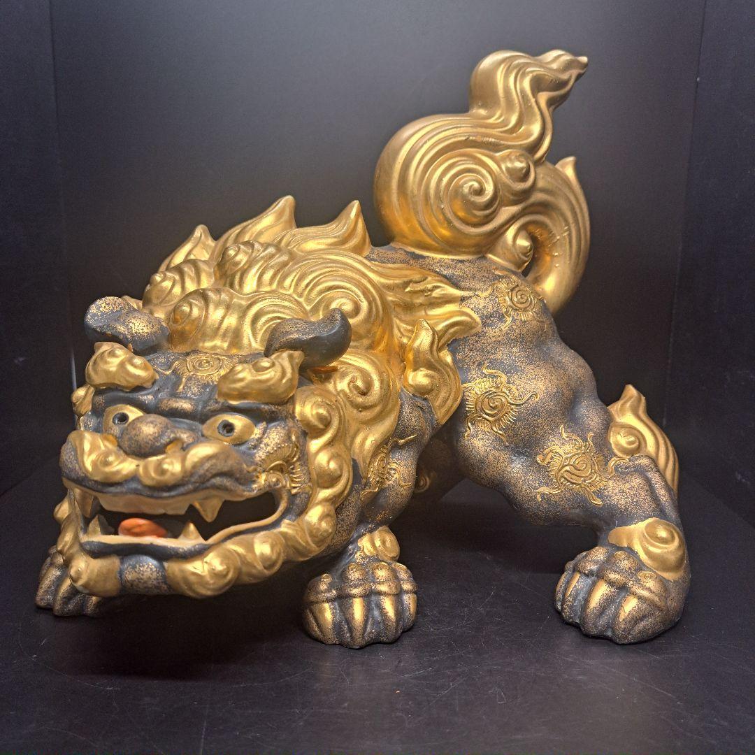 九谷焼　唐獅子　金彩　置物　九谷清仙 造　骨董　共箱付き　昭和レトロ