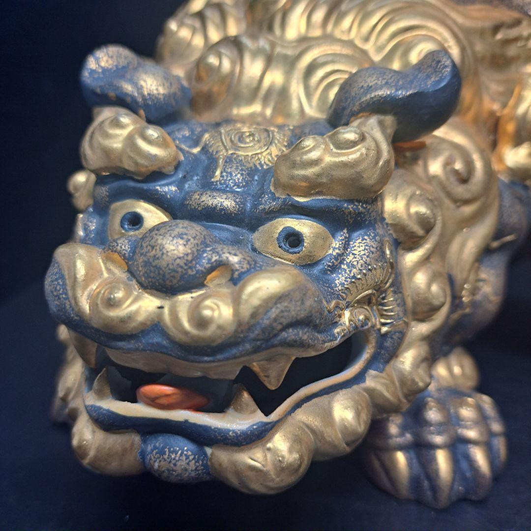 九谷焼　唐獅子　金彩　置物　九谷清仙 造　骨董　共箱付き　昭和レトロ