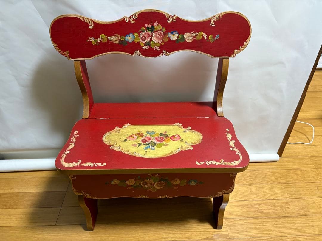 【美品】アンティークトールペイント 椅子 ベンチ 収納付