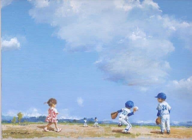 櫻井幸雄　額縁付き複製画　少年野球「遠投」リトルリーグ　桜井幸雄
