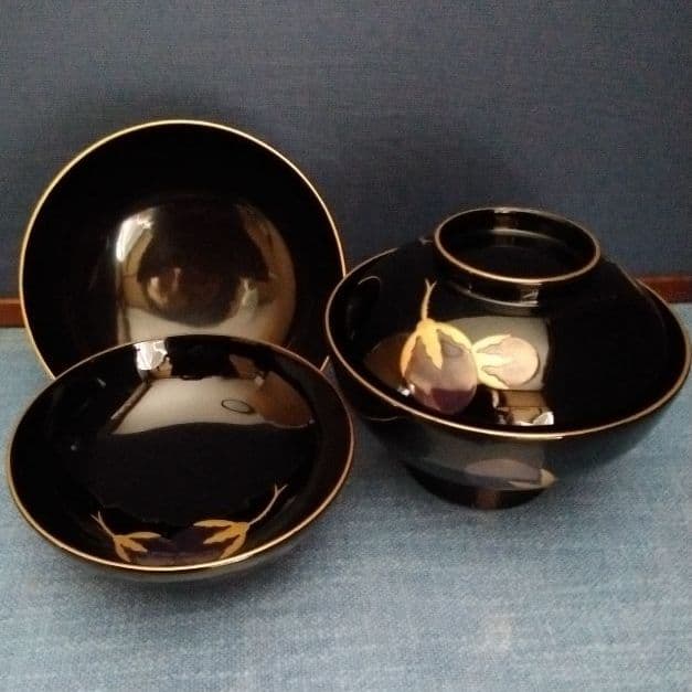 輪島塗　茄子の絵の吸い物椀　五客