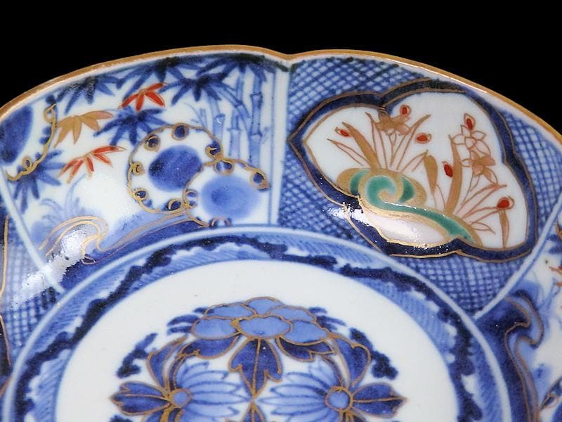 古伊万里　染錦　窓絵　雪輪に笹　花の図　膾皿　江戸期　C744AS-fbtv