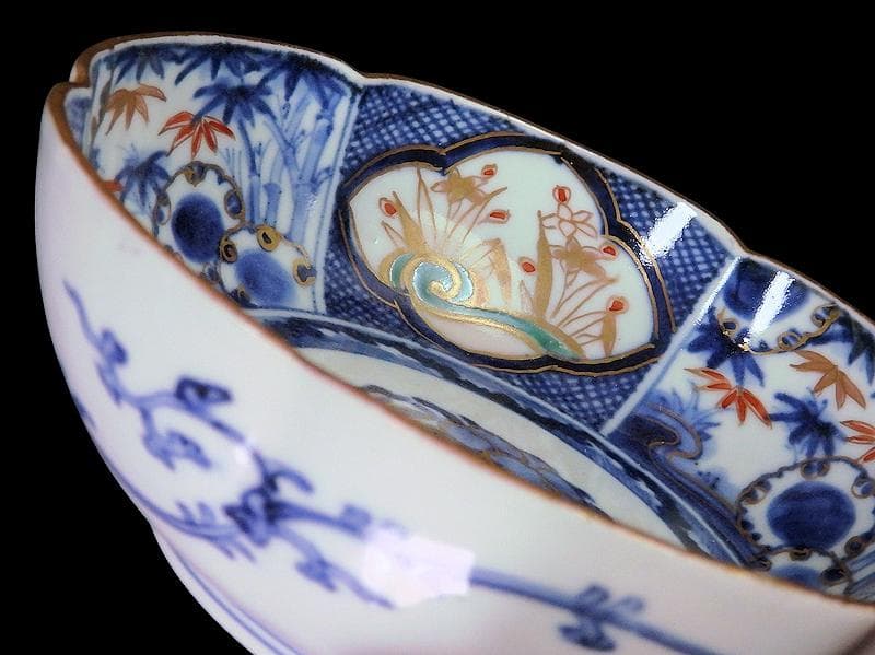 古伊万里　染錦　窓絵　雪輪に笹　花の図　膾皿　江戸期　C744AS-fbtv