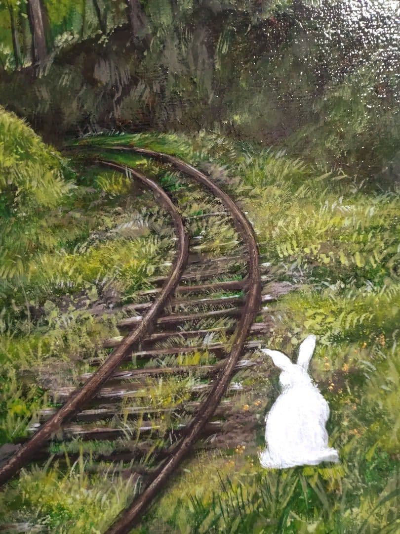 兎の油絵【廃線とウサギ】1点物/油彩画/絵画/F3号キャンバス