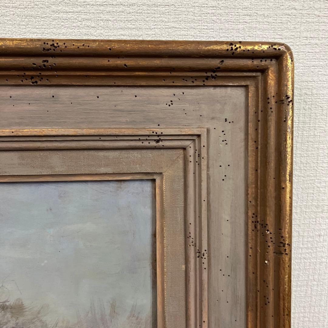 油彩古い板絵　岡常次「柿生風景　F8」日動画廊シール付」