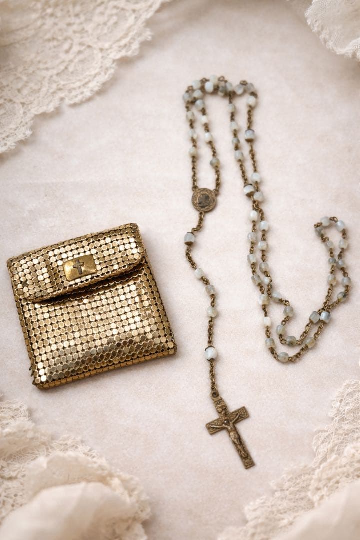 フランスアンティーク1920–30s マザーオブパール ロザリオ／メッシュポーチ