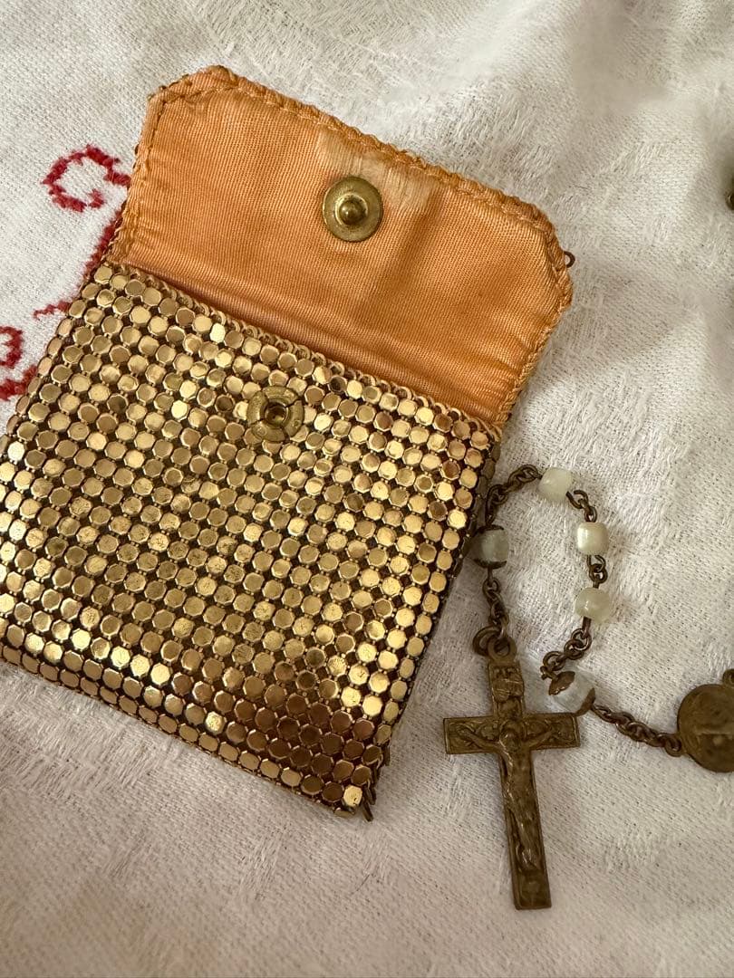 フランスアンティーク1920–30s マザーオブパール ロザリオ／メッシュポーチ