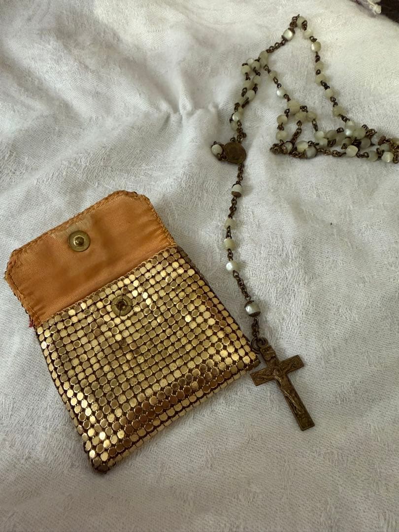 フランスアンティーク1920–30s マザーオブパール ロザリオ／メッシュポーチ